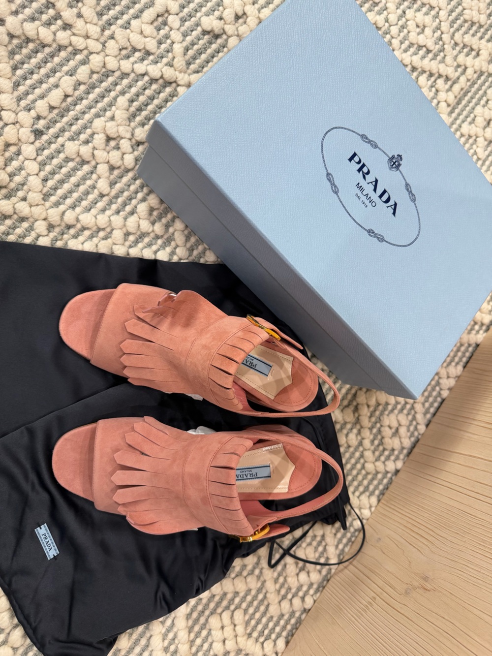 Prada Dusty Pink Suede Fringe Block Heel Sandals 36.5 US 6.5 with Box